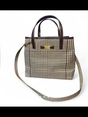 Lauren Houndstooth Tote Bag with Chocolate Leather Trim
